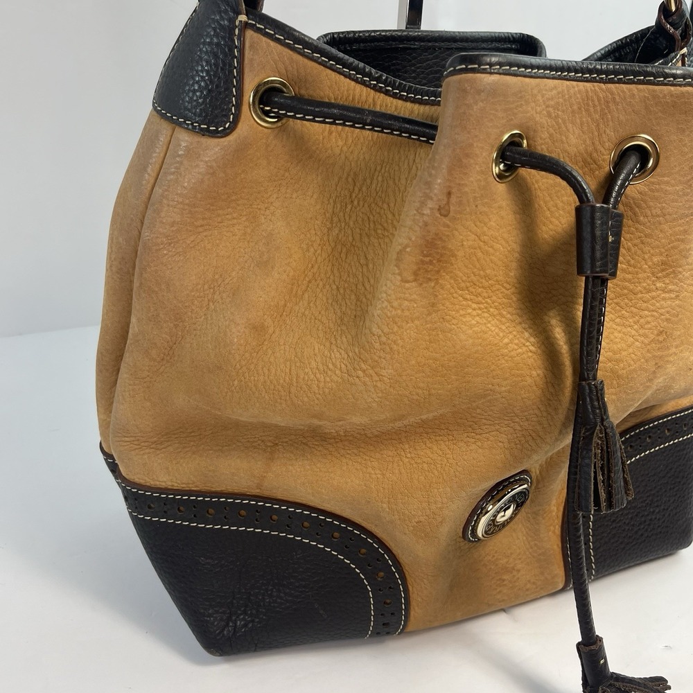 Dooney Bourke Brown Suede Black Leather Drawstring Bucket Bag - Picture 2 of 10